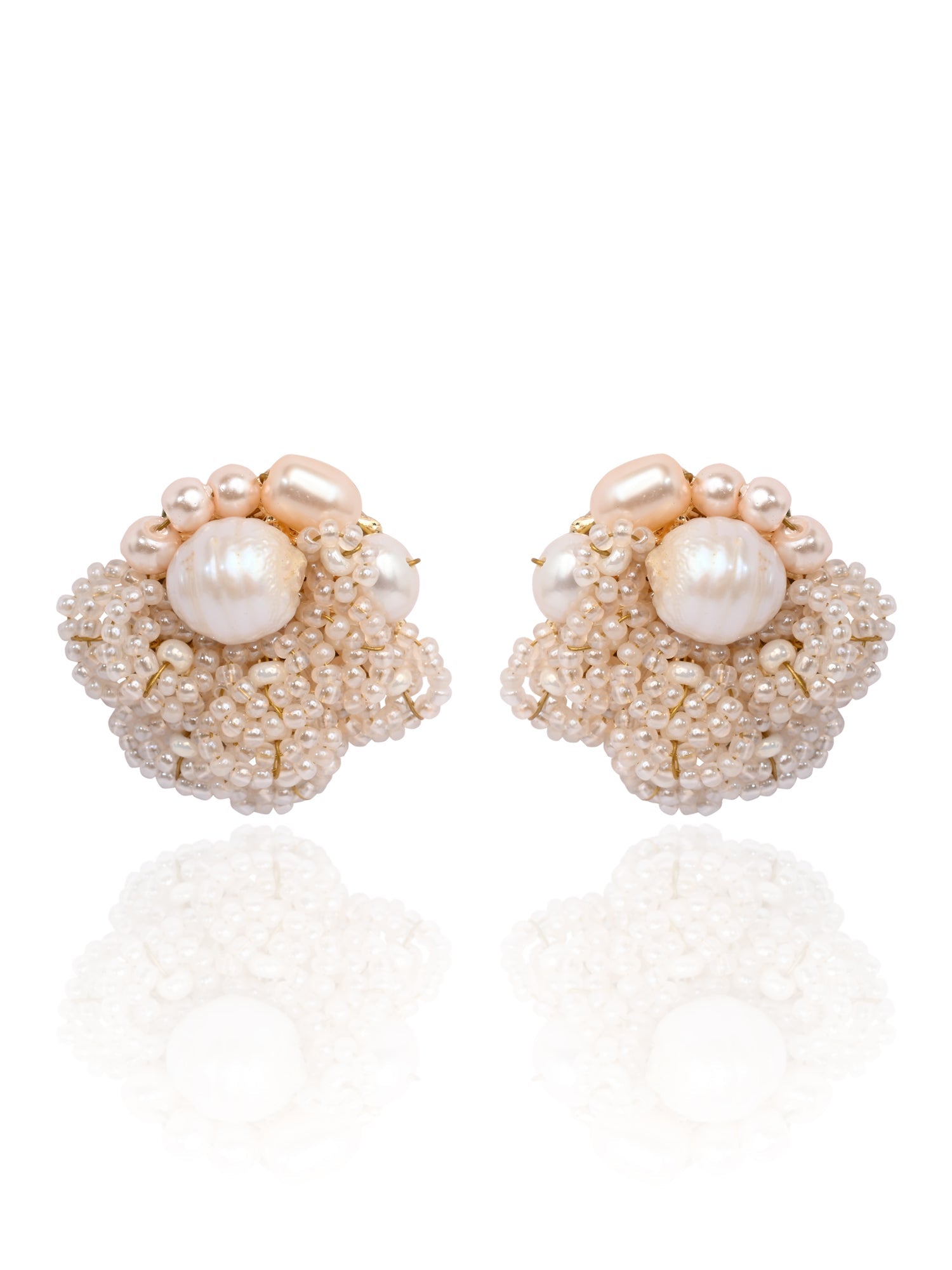 Gold Plated Round Flower Pearl Earrings Peach Crystal