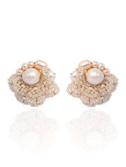 Gold Plated Round Flower Pearl Earrings Peach Crystal