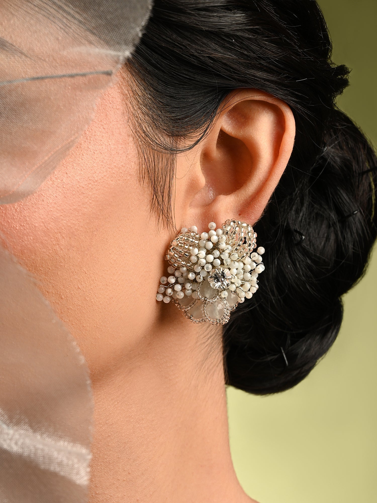 Silver Plated White Floral Stone Earrings