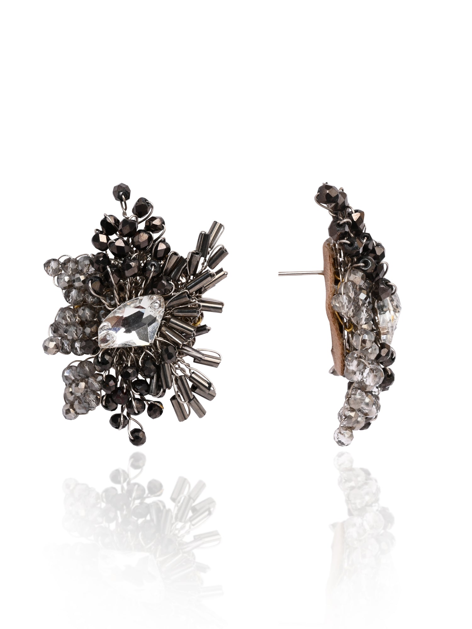 Modern Black And Silver Plated Stone Stud Earrings