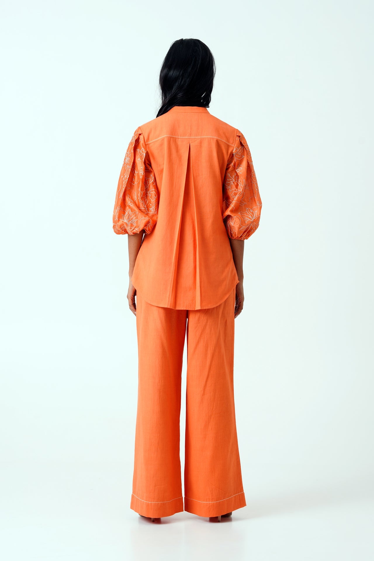 Sunset Orange Oba Set Embroidered Sleeve Top & Pants