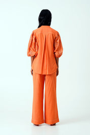 Sunset Orange Oba Set Embroidered Sleeve Top & Pants