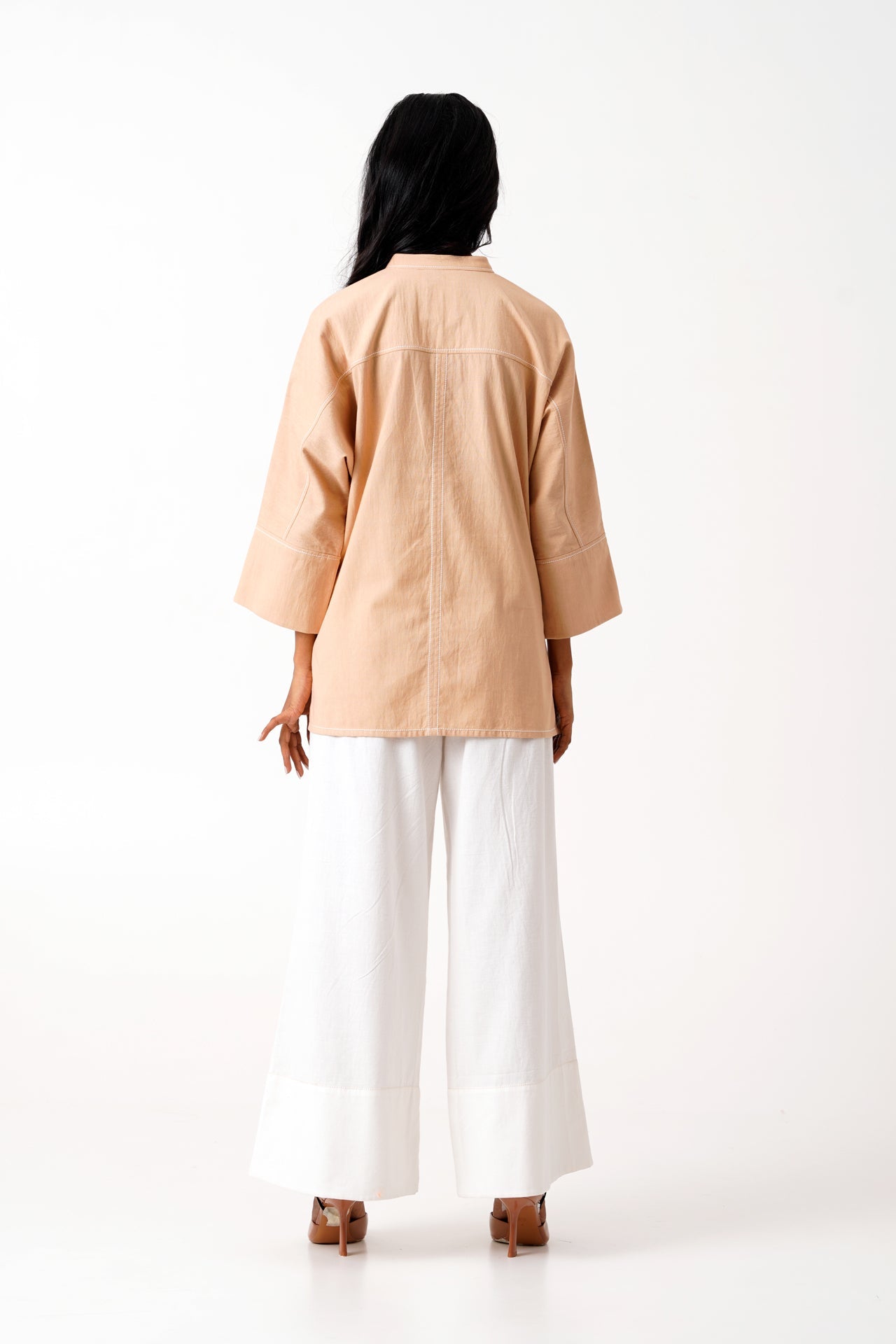 Bask & Pete Latte Panel Appliqued Top & White Pleated Pants