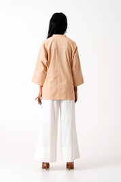 Bask & Pete Latte Panel Appliqued Top & White Pleated Pants