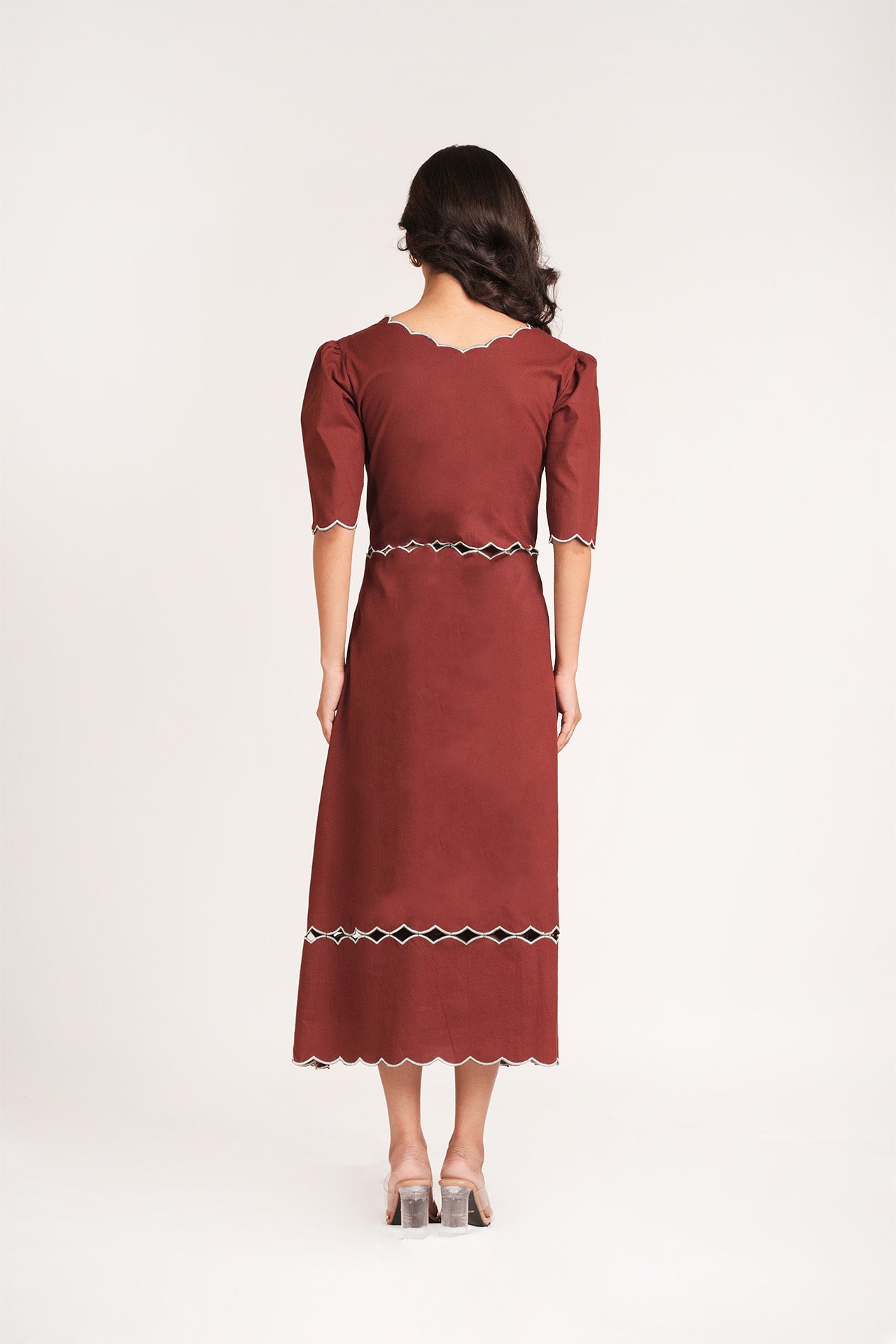 Brown Scallop Midi Dress