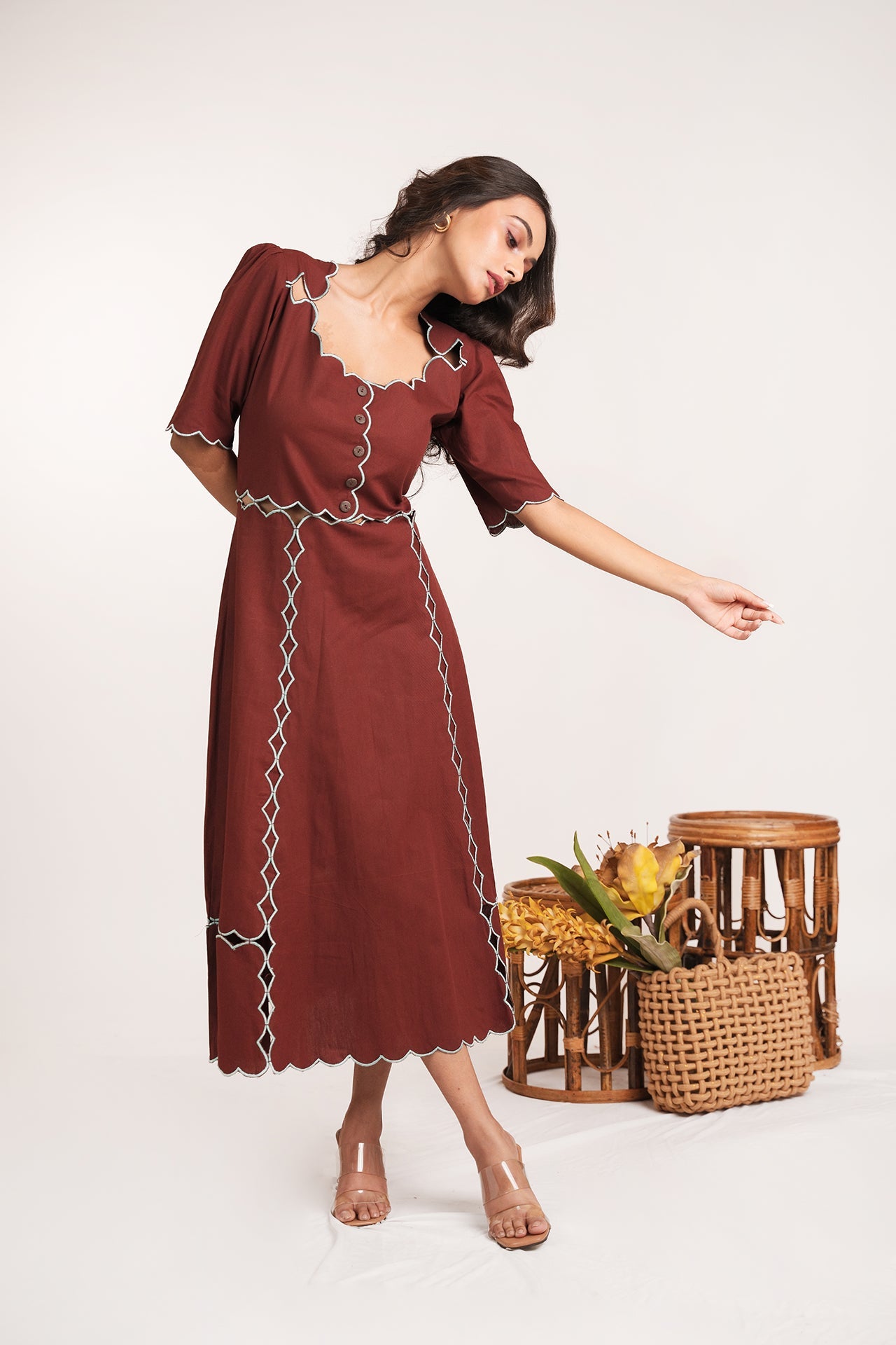 Brown Scallop Midi Dress