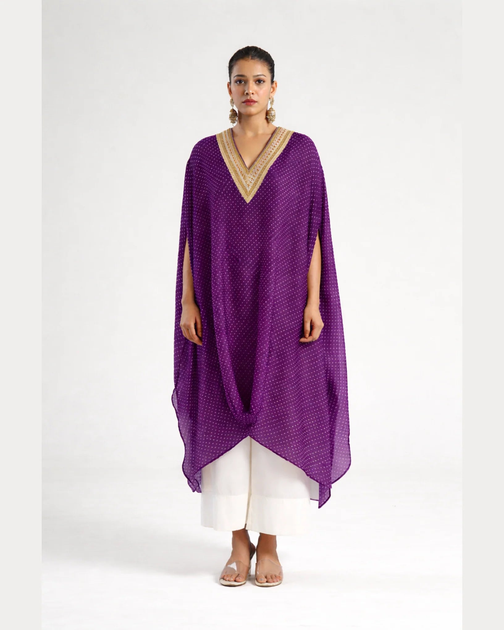 Bandhej Purple & Gold V Neck Kurta Set