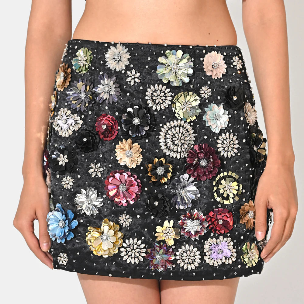 Charlotte Black Floral Sequin Mini Skirt