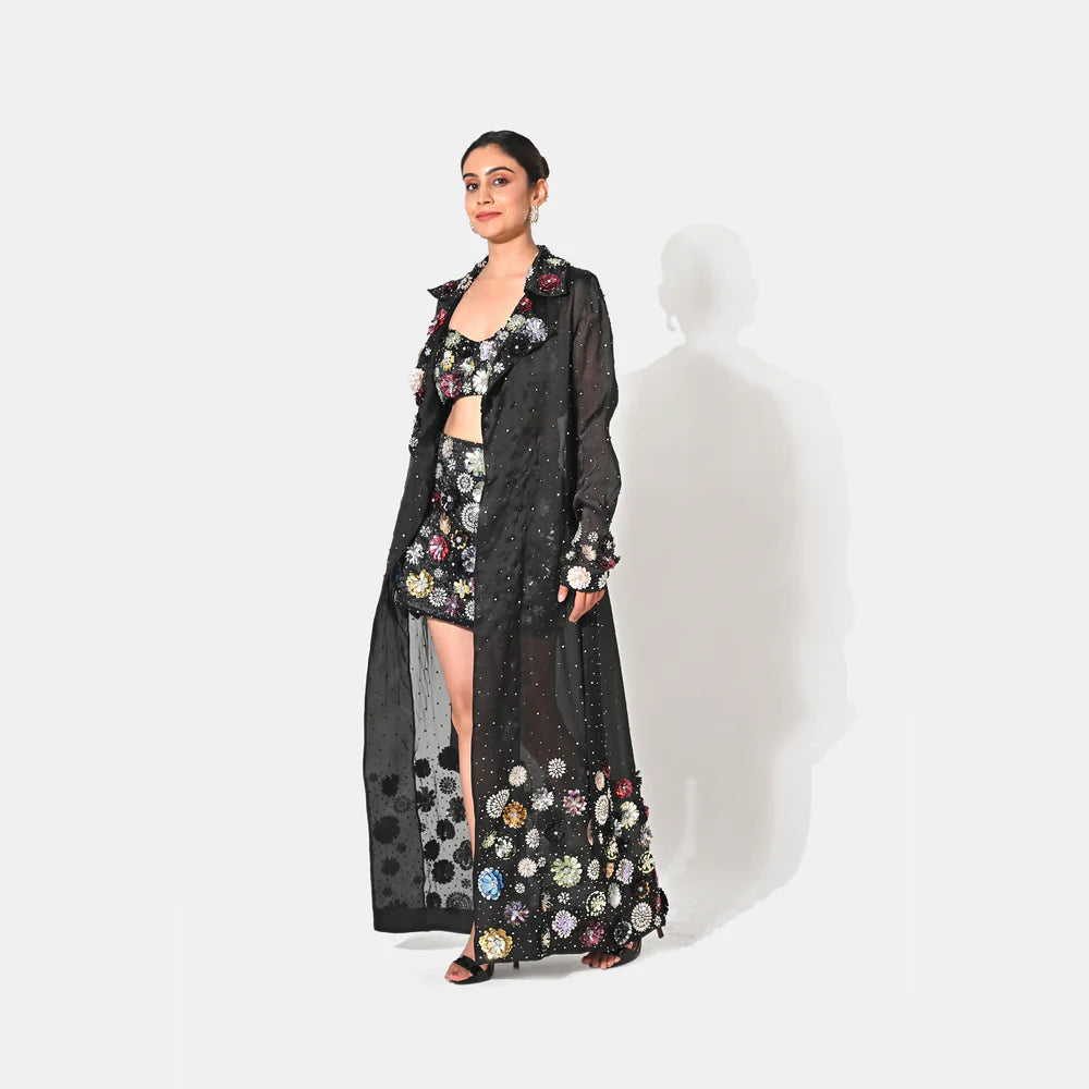 Charlotte Black Floral Sequin Trench Co-ord Set
