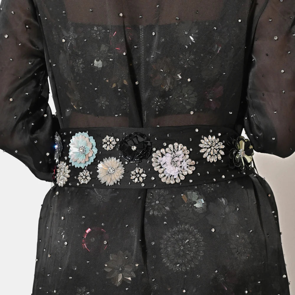 Charlotte Black Floral Sequin Trench Co-ord Set