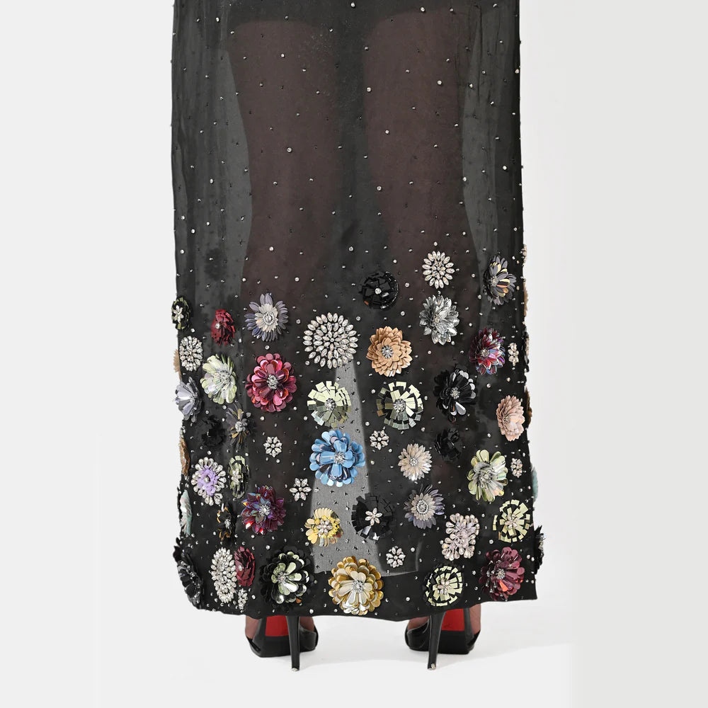 Charlotte Black Floral Sequin Trench Coat