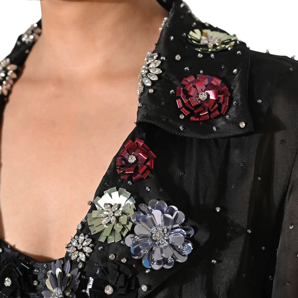 Charlotte Black Floral Sequin Trench Coat