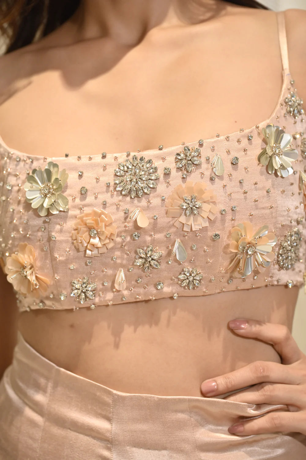 Charlotte Nude Floral Sequin Crop Top