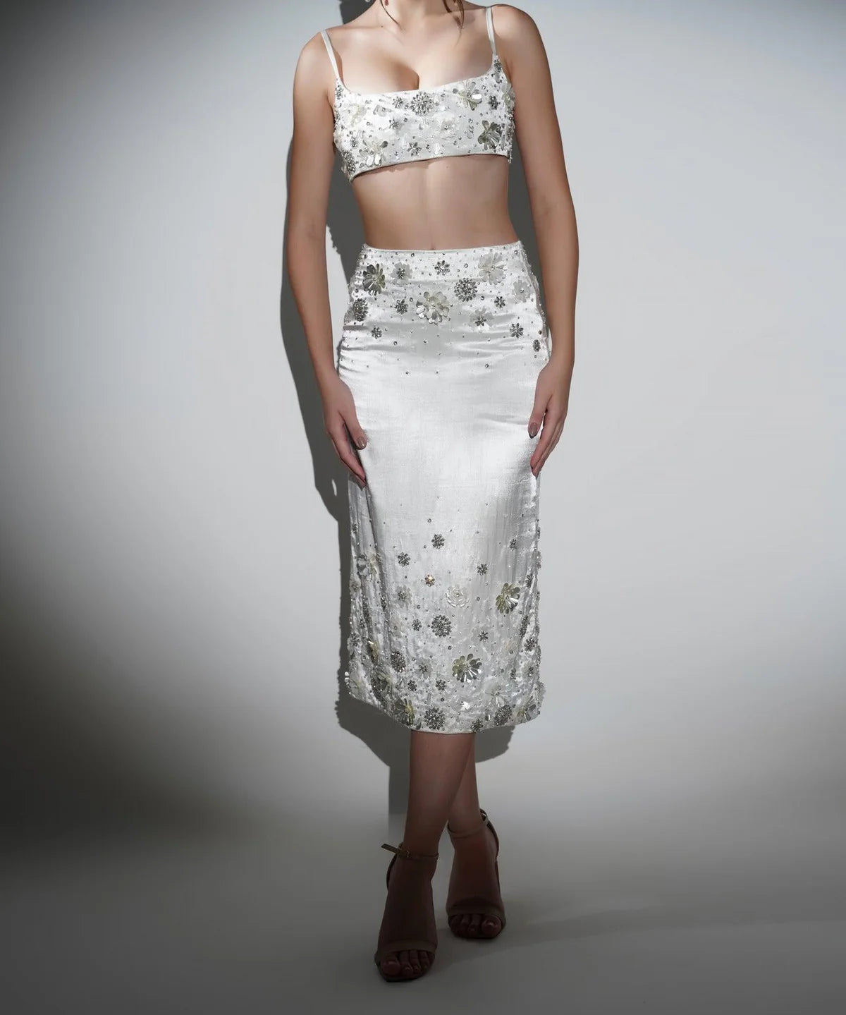 Charlotte White Floral Sequin Crop Top