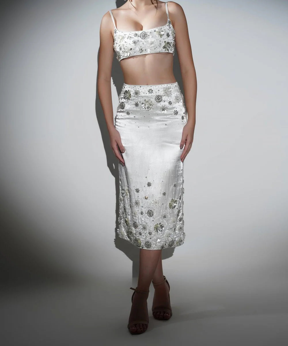 Charlotte White Floral Sequin Midi Skirt
