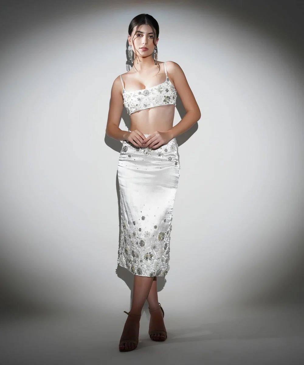 Charlotte White Floral Sequin Midi Skirt