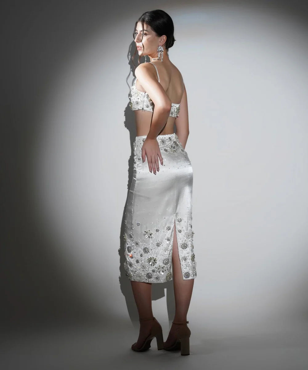 Charlotte White Floral Sequin Midi Skirt