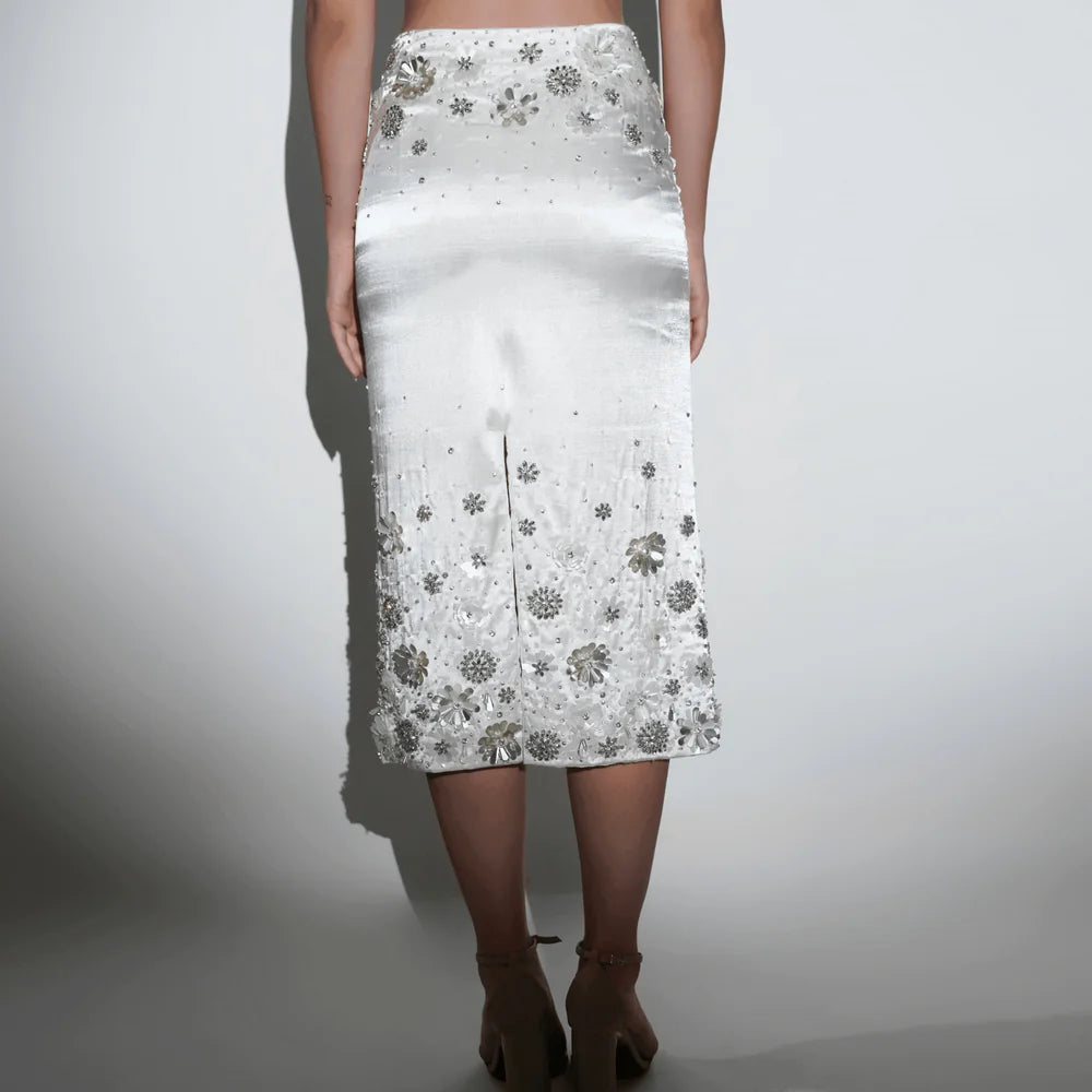 Charlotte White Floral Sequin Midi Skirt