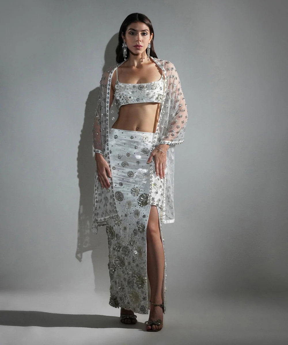 Charlotte White Floral Sequin Embellished Stole