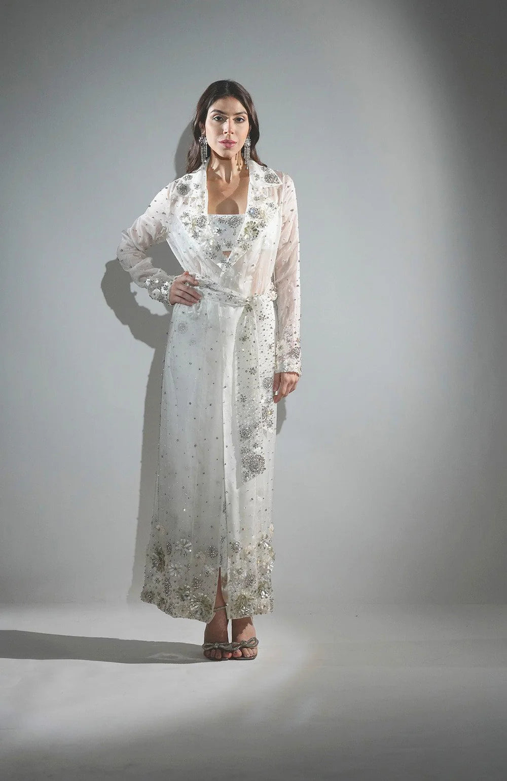 Charlotte White Floral Sequin Trench Coat