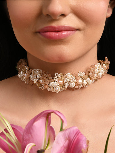 Gold Plated White Pearl Peach Stone Modern Choker