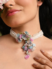 Pearl Necklace With colorful Crystal Flower Bunch Pendant