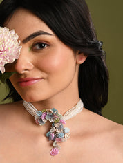 Pearl Necklace With colorful Crystal Flower Bunch Pendant