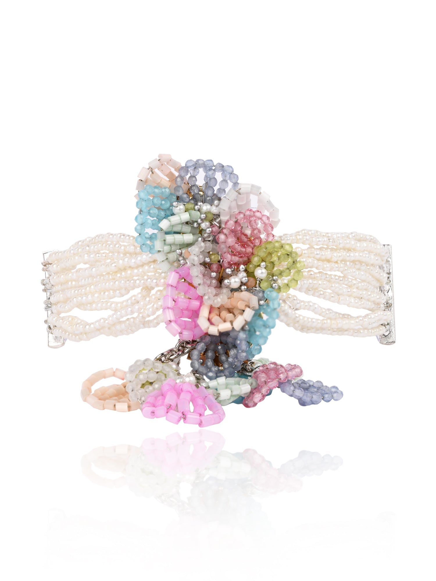 Pearl Necklace With colorful Crystal Flower Bunch Pendant
