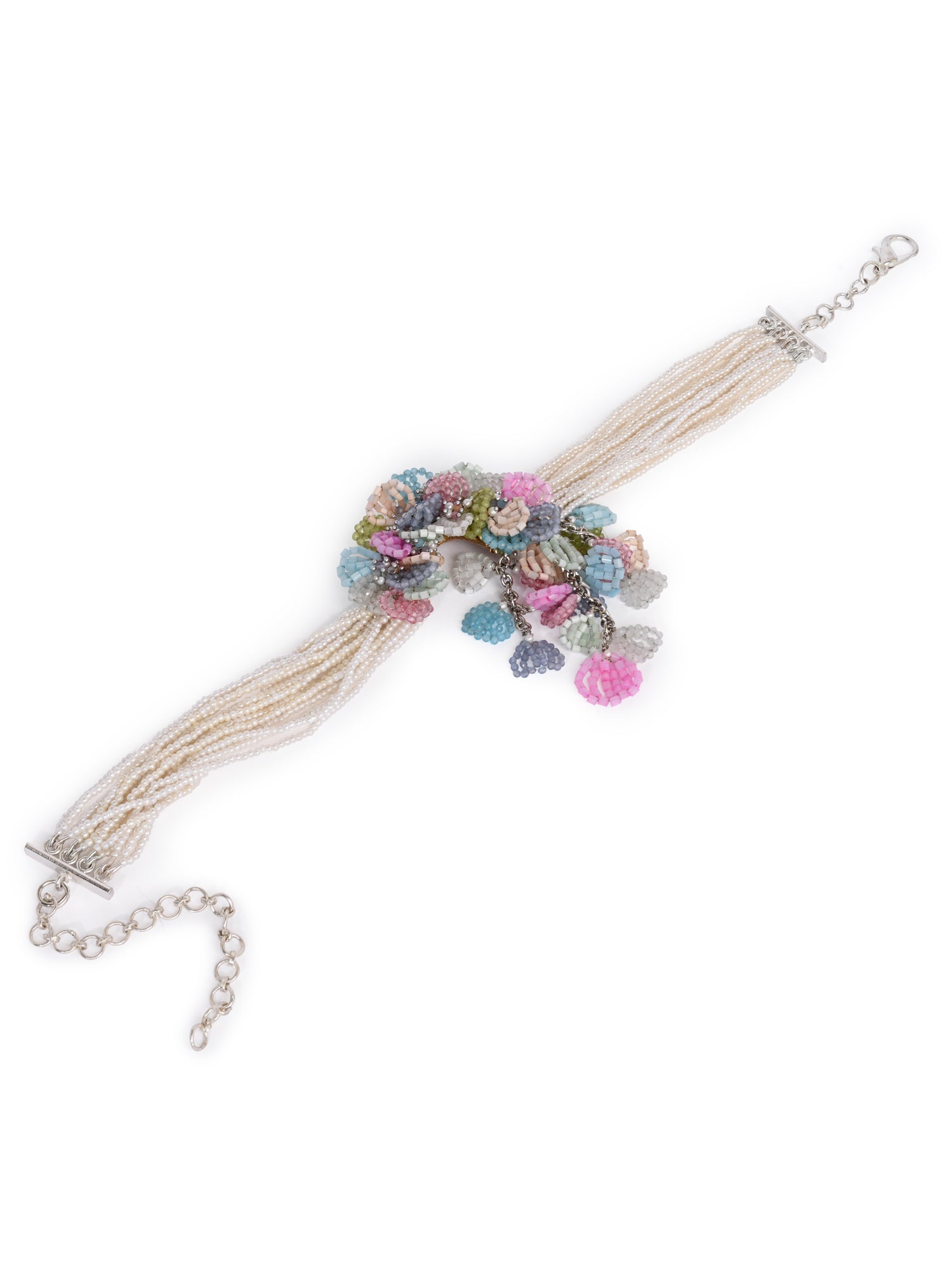 Pearl Necklace With colorful Crystal Flower Bunch Pendant