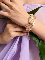 Long White Pearl With Peach Stone Gold Plated Floral Bracelet