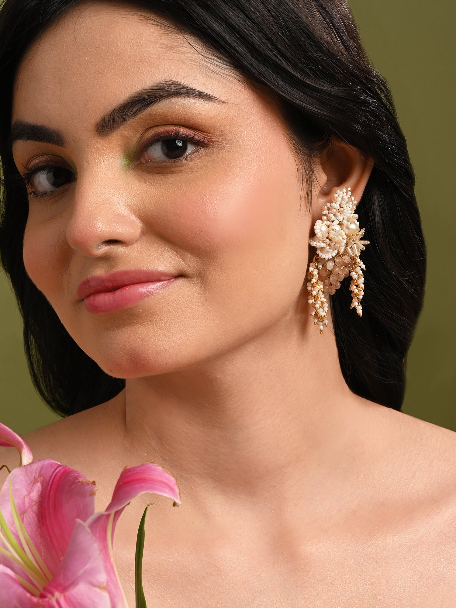 Long White Pearl With Peach Stone Gold Plated Earrings
