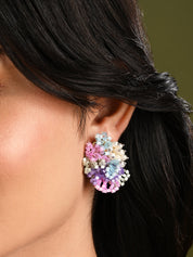 Pearl And Colourful Flower Round Stud Earrings