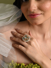 Pearl And Crystal Floral Round Finger Ring For Women