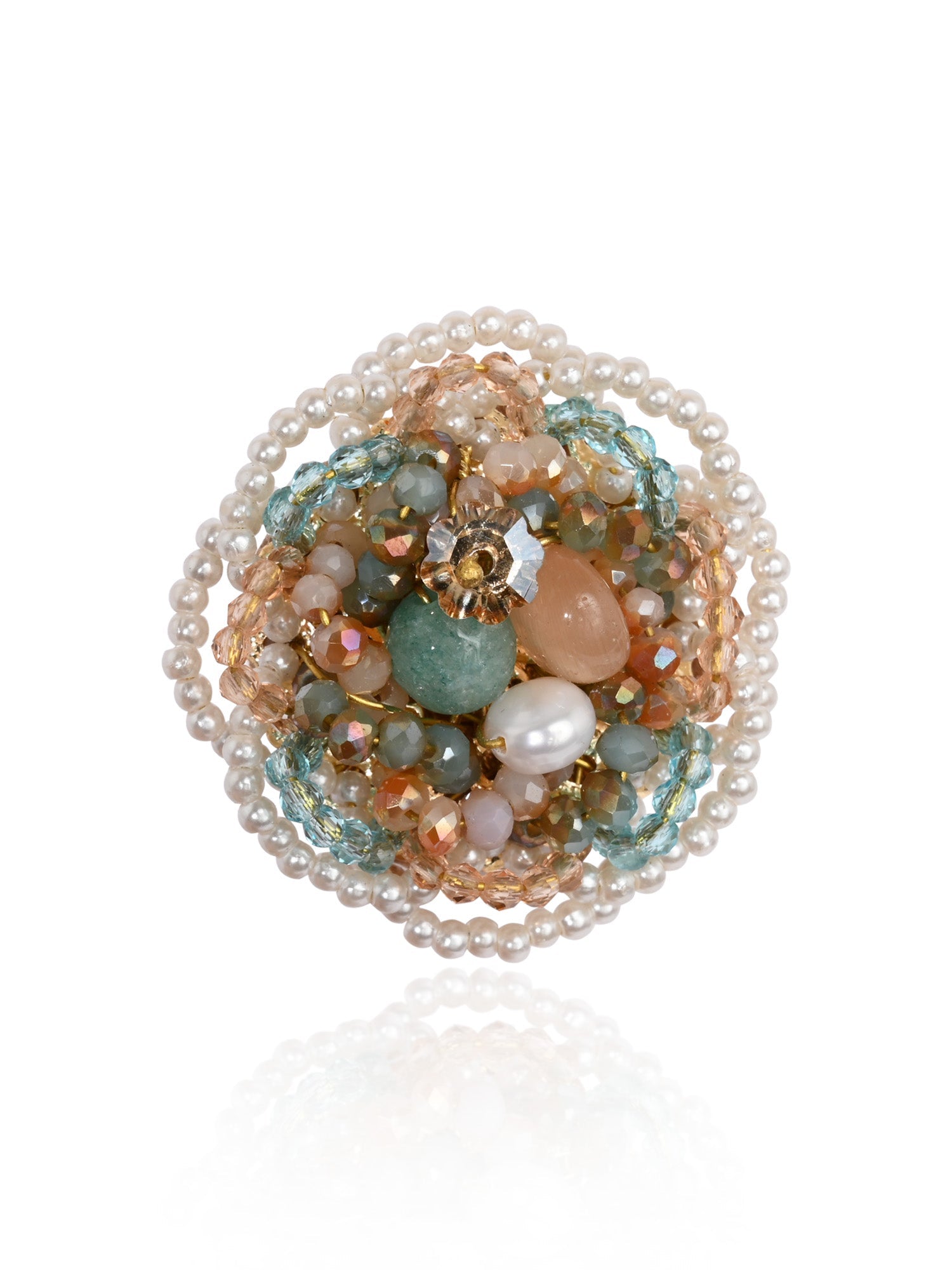 Pearl And Crystal Floral Round Finger Ring For Women