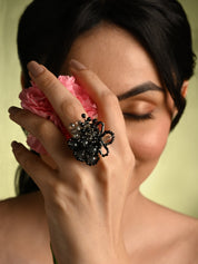 Jet Black And Grey Stone Crytsal Round Adjustable Ring
