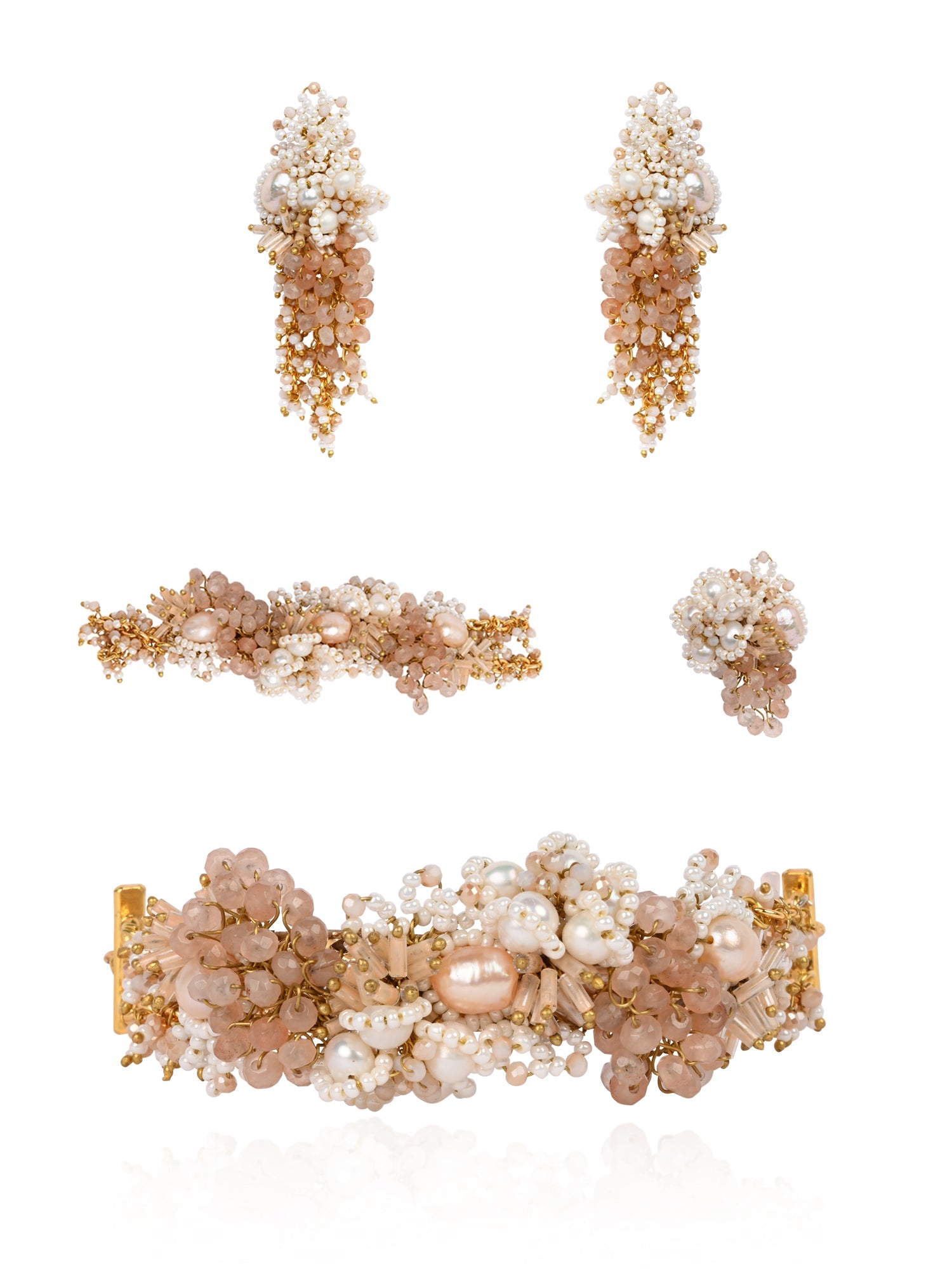 Gold Plated White Pearl Peach Stone Modern Choker Set Of 4