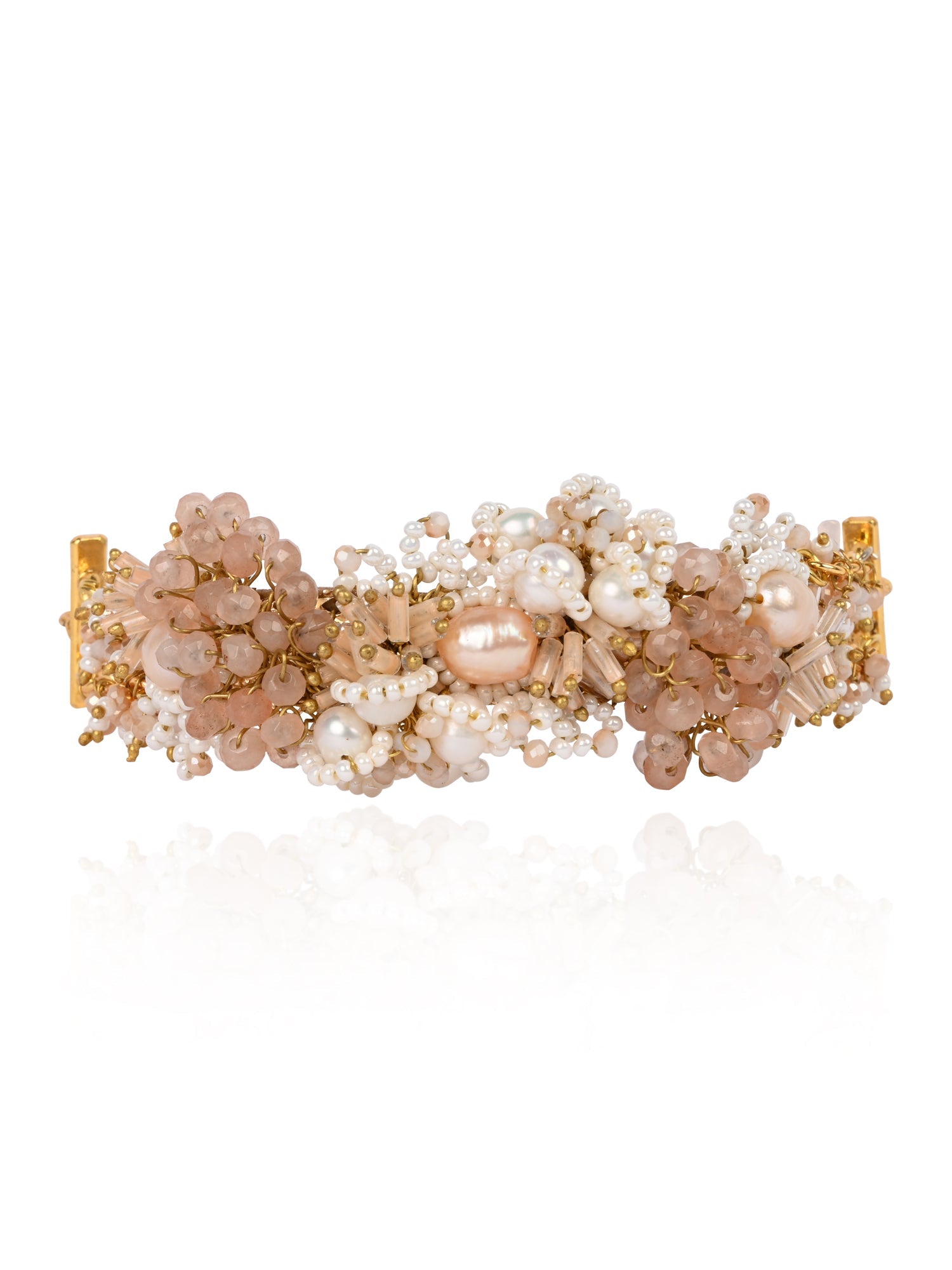Gold Plated White Pearl Peach Stone Modern Choker Set Of 4