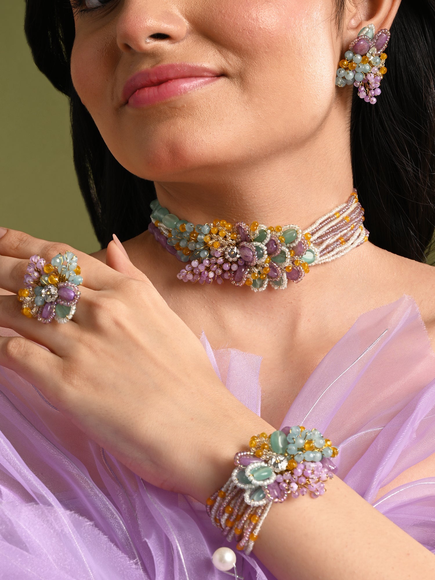Colourful Stone Neckpiece set Of 4 For Haldi Mehendi Wedding