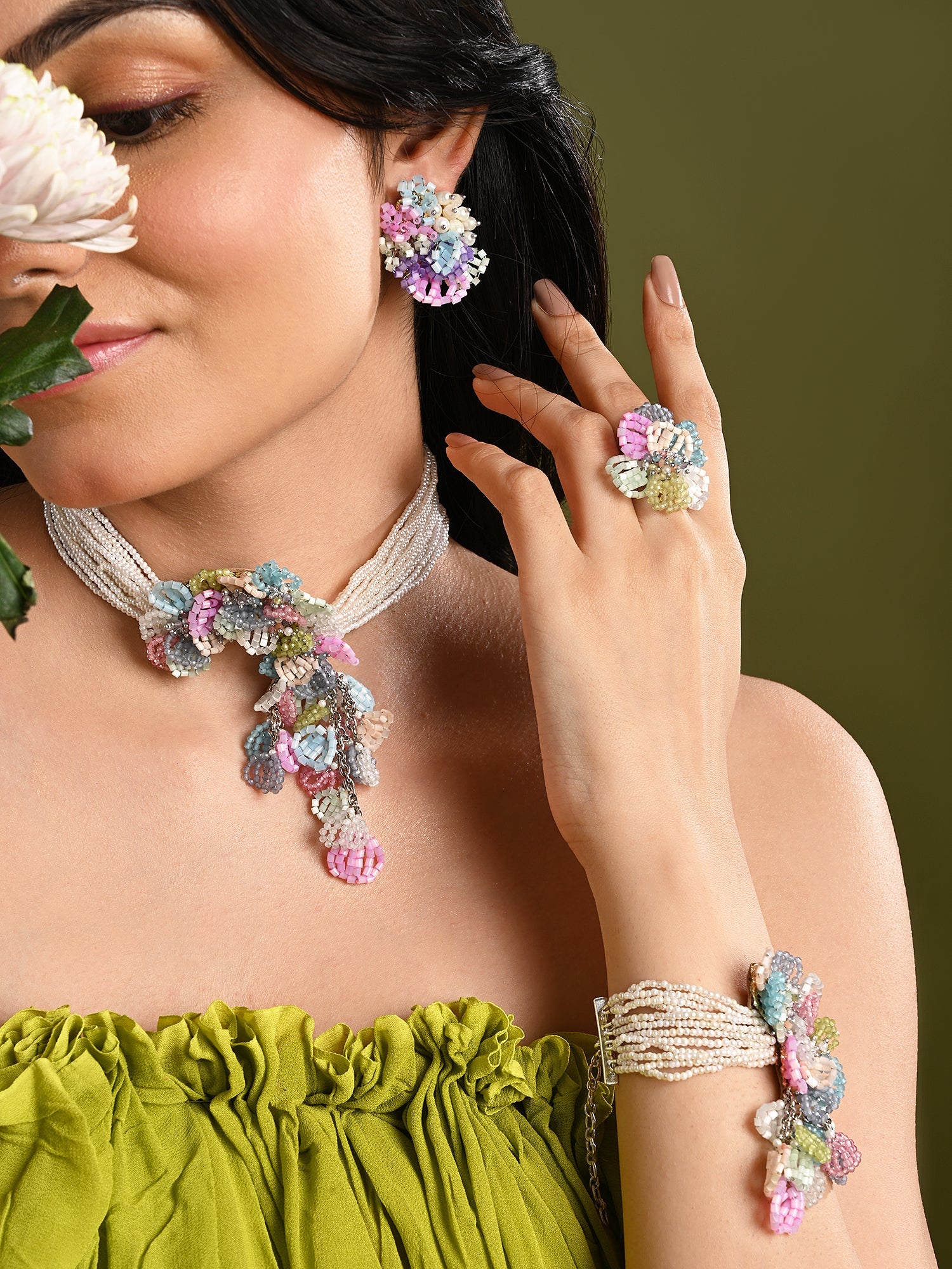 Pearl Necklace With Colourful Crystal Flower Bunch Pendant Earrings Bracelet Ring