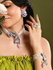 Pearl Necklace With Colourful Crystal Flower Bunch Pendant Earrings Bracelet Ring