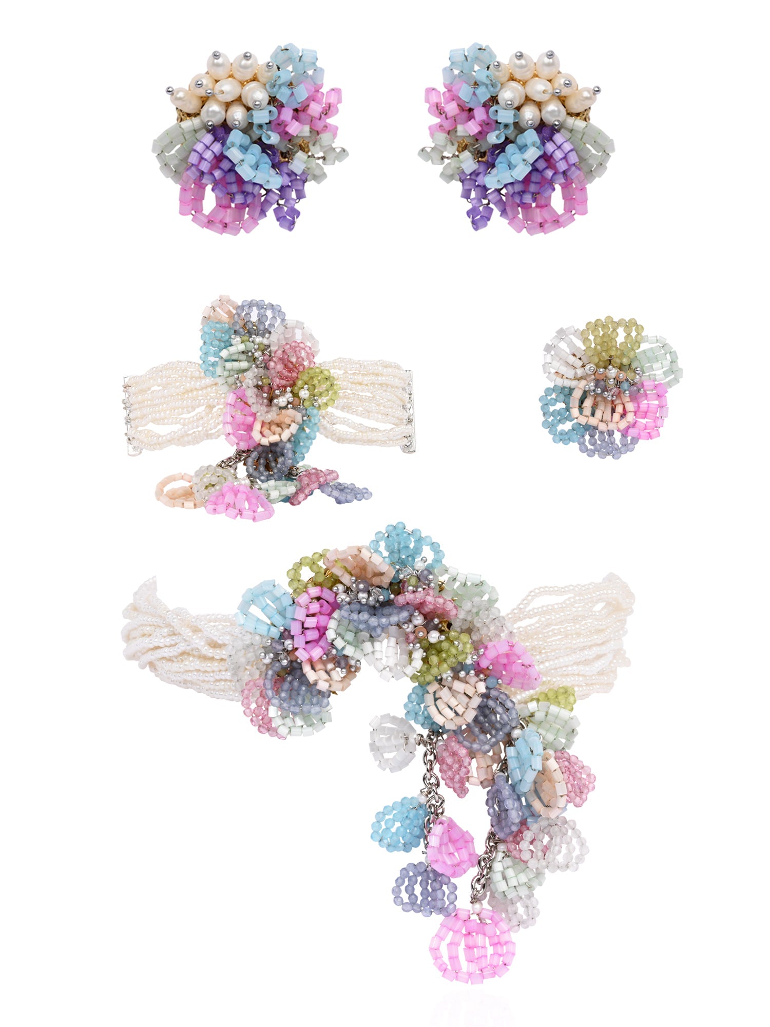 Pearl Necklace With Colourful Crystal Flower Bunch Pendant Earrings Bracelet Ring