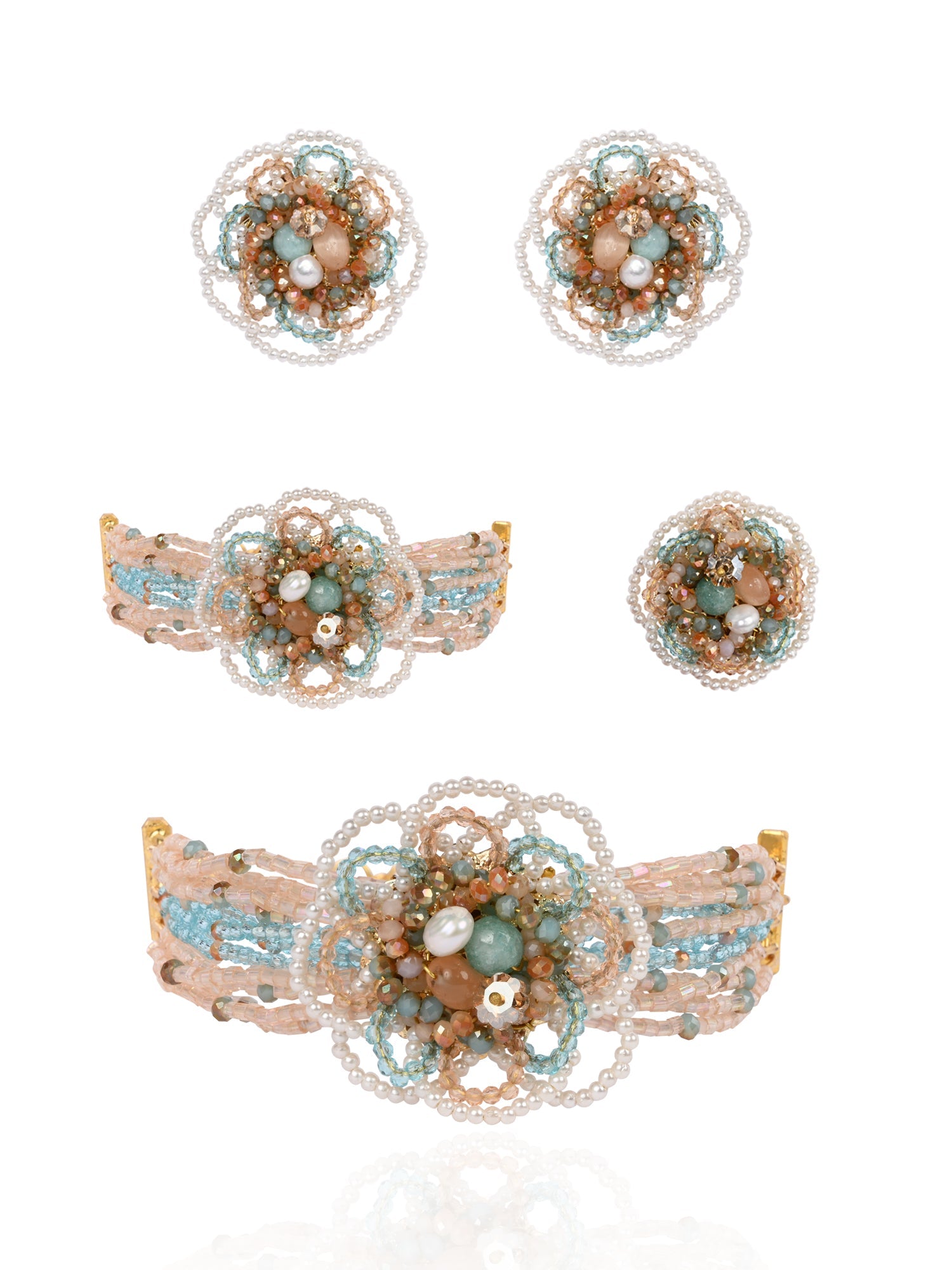 Multicolour Flower Pearl Beaded Stone Choker Earrings Ring & Bracelet