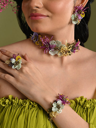 Colourful Crystal Classic Floral Choker Set Of 4 Gold Plated