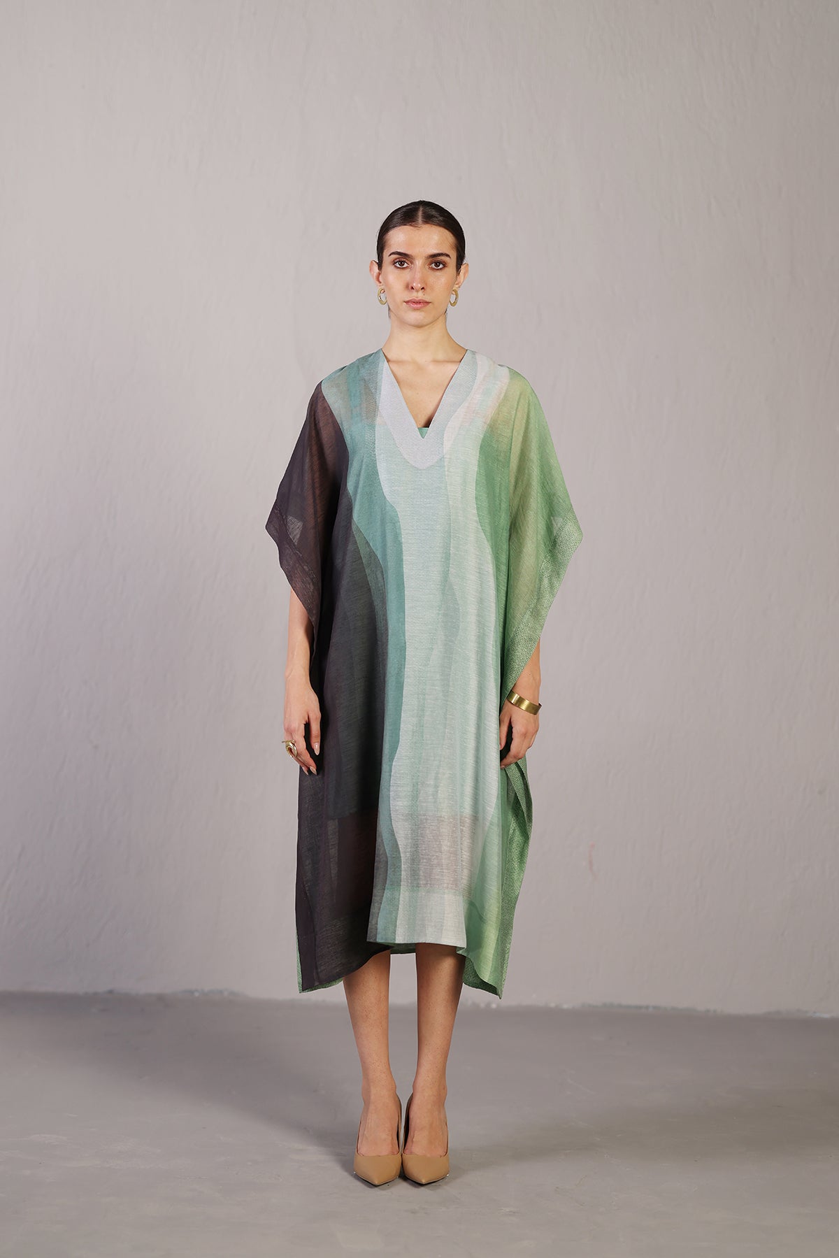 Ripple Black & Cool Green Kaftan Dress