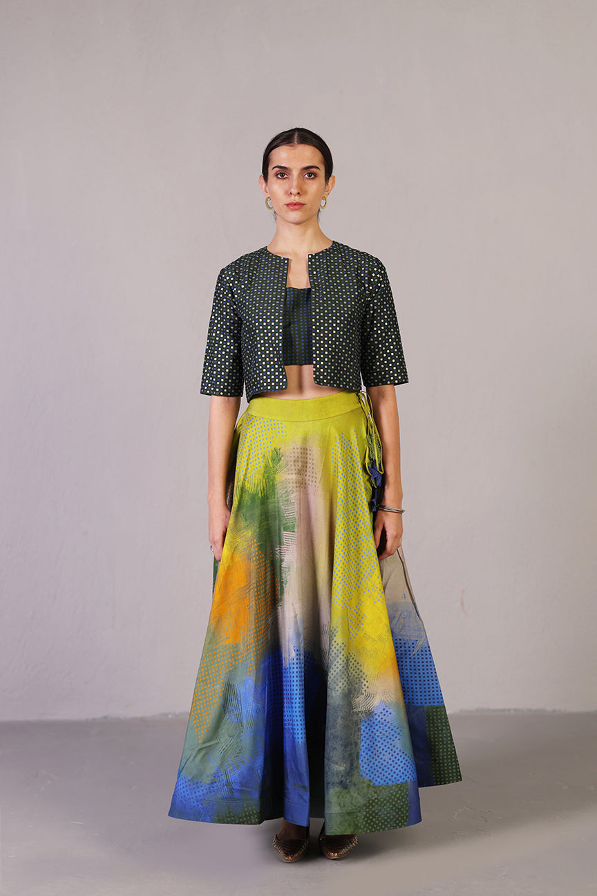 Swasha Blue & Lime Green Jacket Lehenga Set