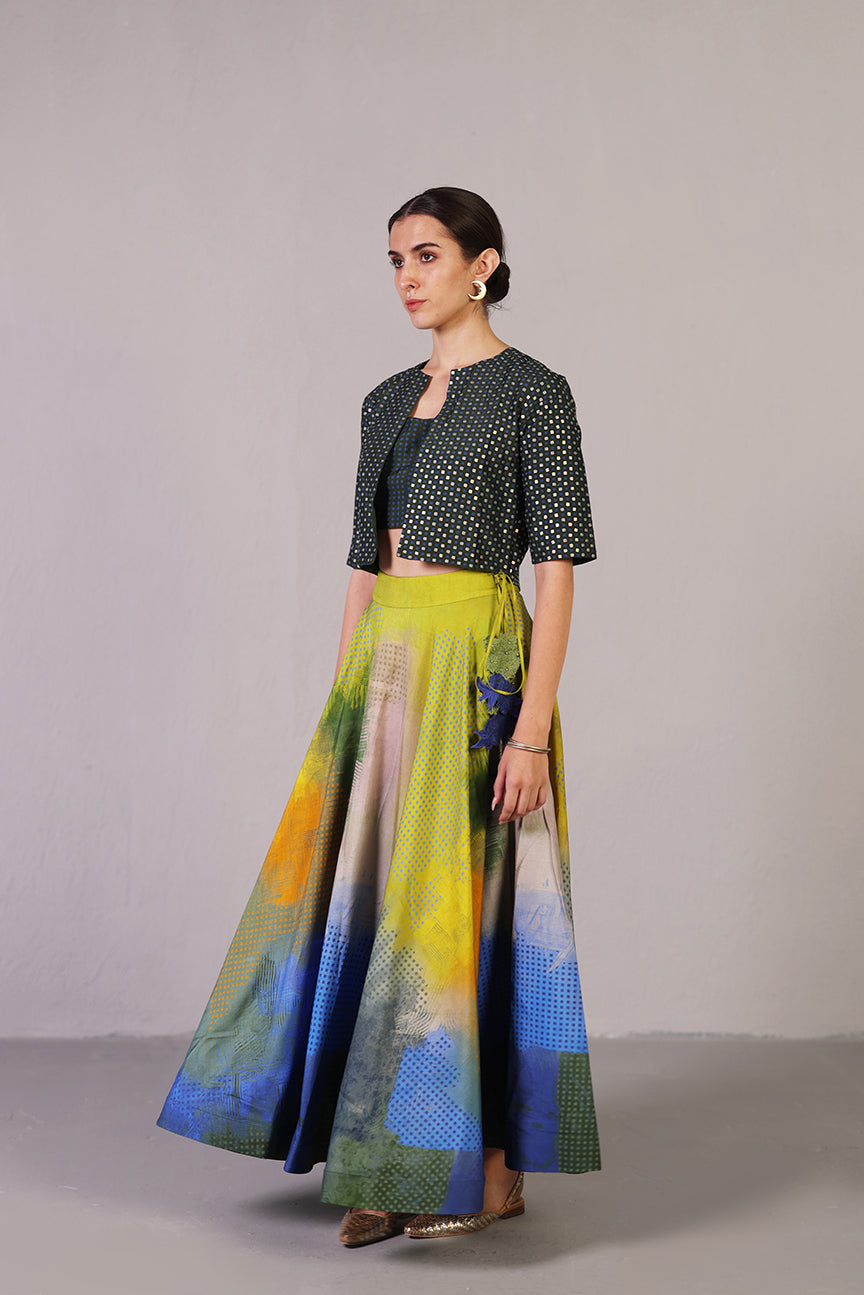 Swasha Blue & Lime Green Jacket Lehenga Set