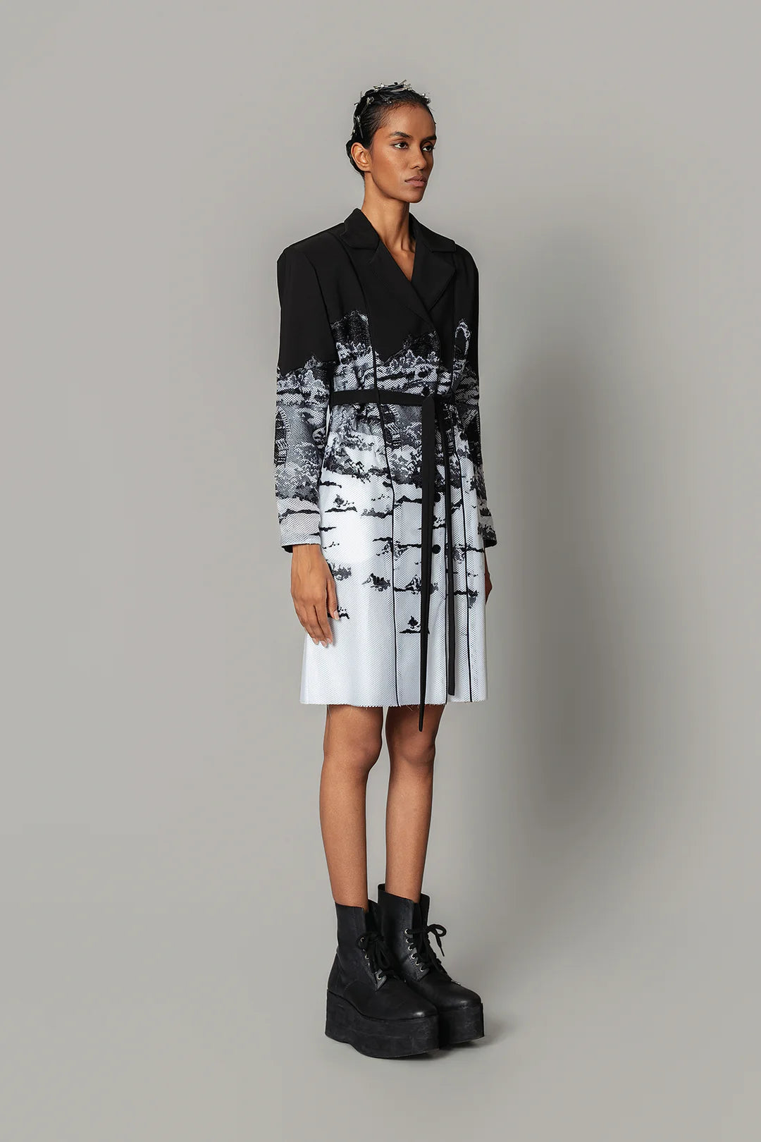 B&W Hokusai Embroidered Coat Dress