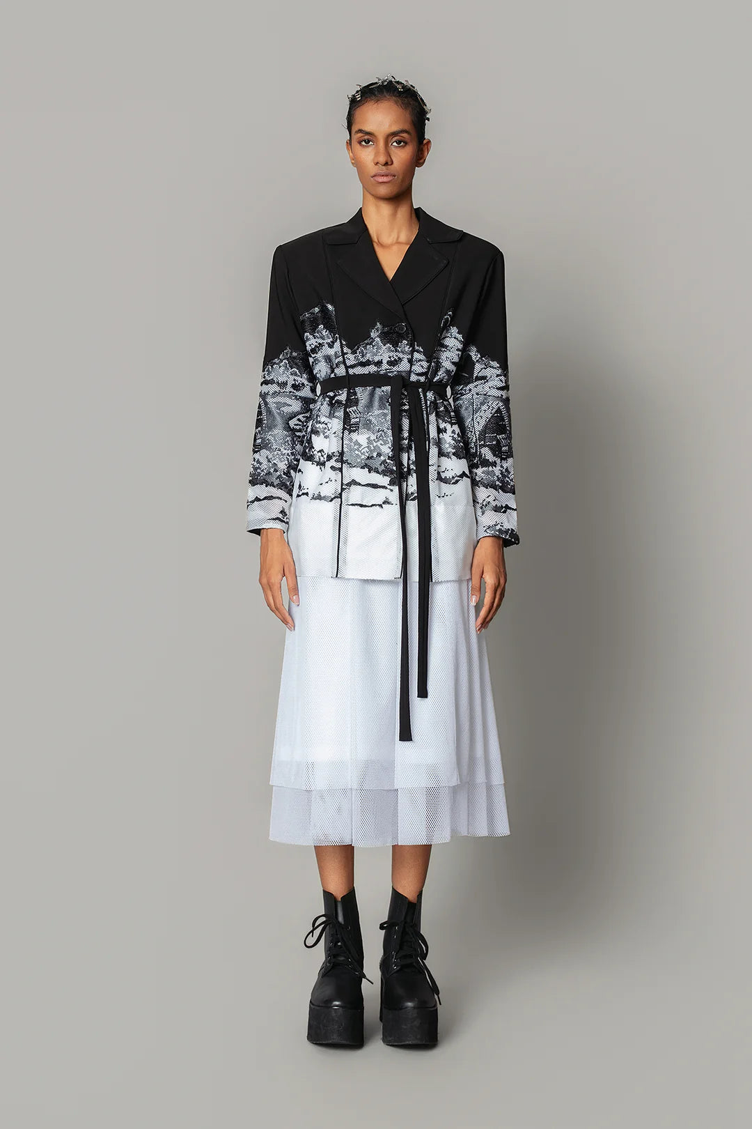 B&W Hokusai Embroidered Long Dress