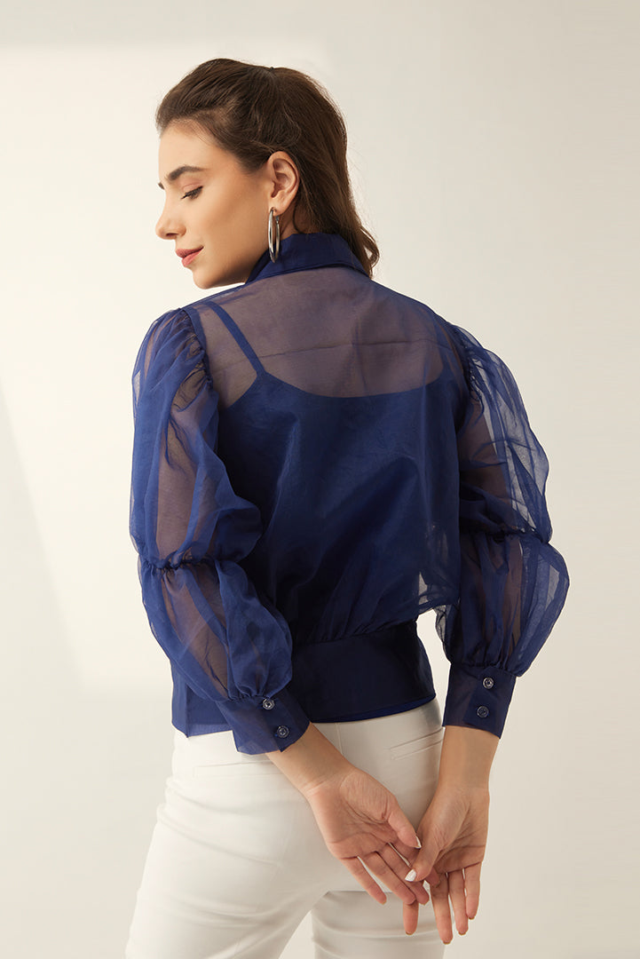 Blue Organza Sheer Top