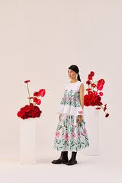 White Floral Print Cotton Midi Skirt